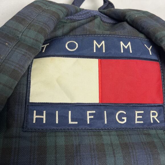 Vintage Tommy Hilfiger Spell Out Drawstring Cinch Backpack Navy Blue Green Plaid - Picture 5 of 9